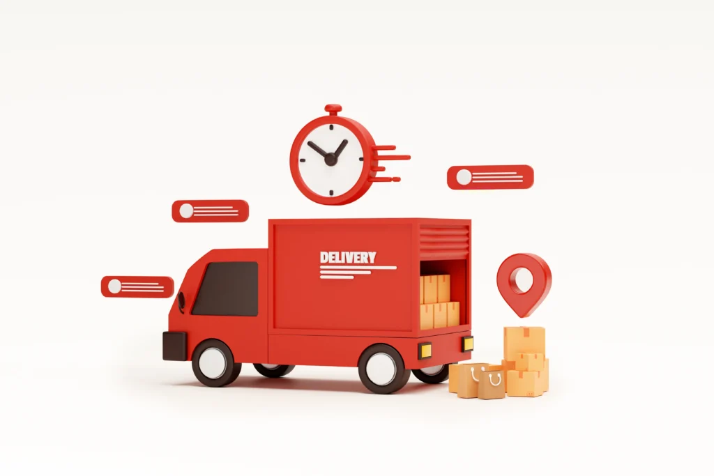 Red delivery car deliver express shipping fast delivery background 3d rendering illustration 1024x683